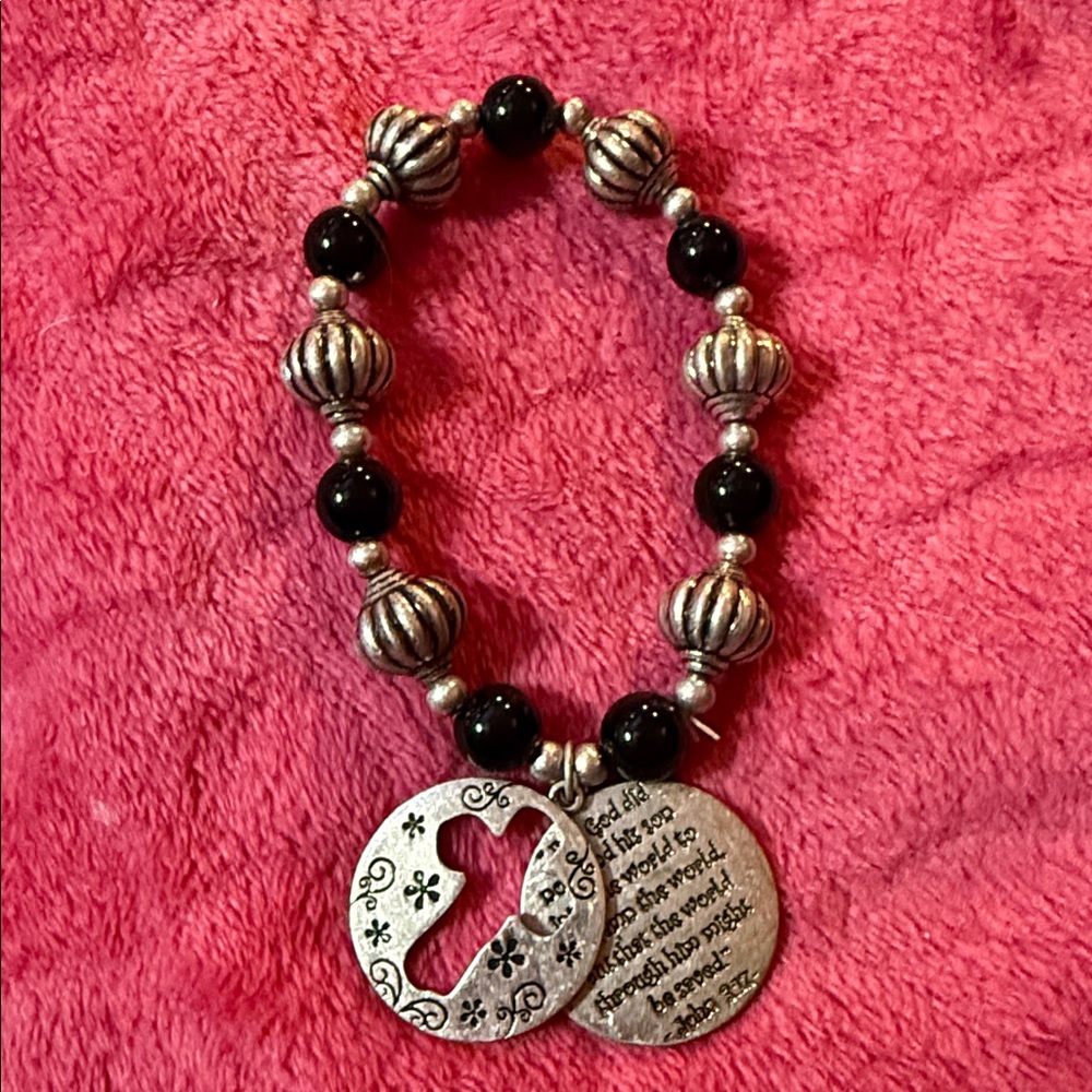 Silver and Black Beaded Bracelet with Heart and Quote Charms